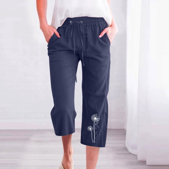 up to 60% off Gifts Usmixi Womens Summer Cropped Trousers Fashion Dandelion Graphics Plus Size Straight 3/4 Pants Casual Cotton Linen Drawstring High Waist Pocket Pants Navy XXXL