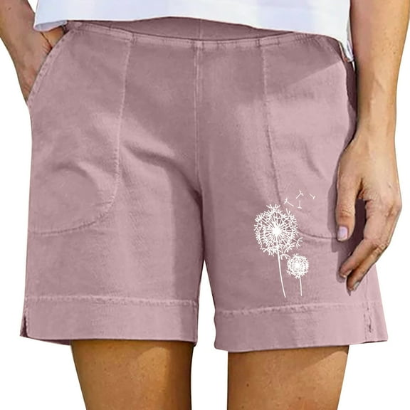 Gifts Usmixi Womens Summer Shorts Beach Fashion Dandelion Print Cotton Linen Short Pants Plus Size Elastic Waist Shorts with Pocket Pink XXXL