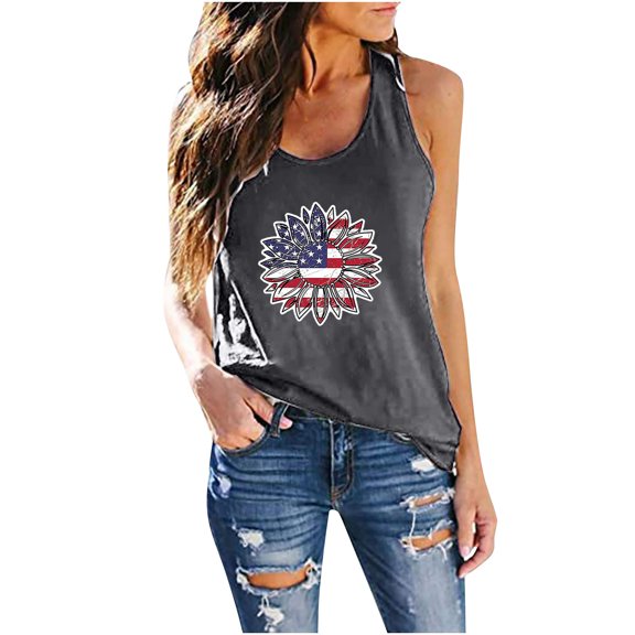 Gifts Usmixi Womens Tank Tops 4th July Loose Fit Fashion Independence Day Patriotic Shirts Vest Summer Trendy Sunflower American Flag Print Crewneck Sleeveless Shirts Blouse Gray XXXL
