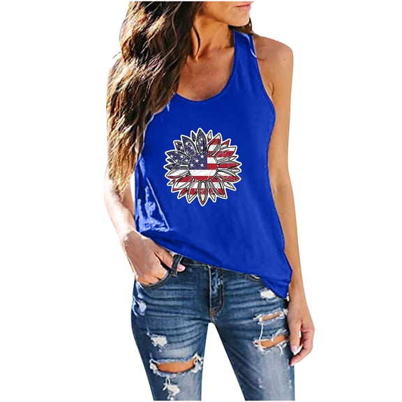 up to 60% off Gifts Usmixi Womens Tank Tops 4th July Loose Fit Fashion Independence Day Patriotic Shirts Vest Summer Trendy Sunflower American Flag Print Crewneck Sleeveless Shirts Blouse Blue XXXL