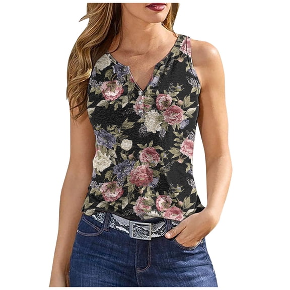 up to 60% off Gifts Usmixi Womens Tank Tops Beach Fashion Button Down Slim Fit Breathable Tunic Vest Shirts Summer Trendy Floral Print V-Neck Sleeveless Shirts Blouse Black s