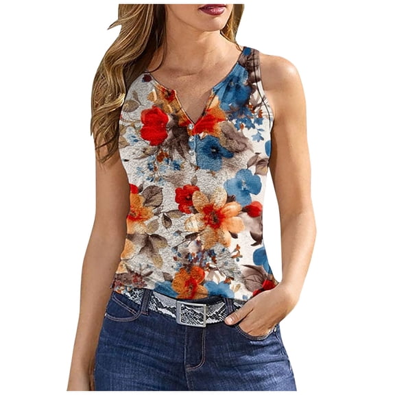up to 60% off Gifts Usmixi Womens Tank Tops Beach Fashion Button Down Slim Fit Breathable Tunic Vest Shirts Summer Trendy Floral Print V-Neck Sleeveless Shirts Blouse Multicolor m