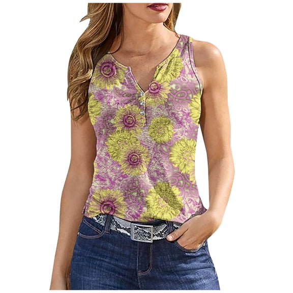up to 60% off Gifts Usmixi Womens Tank Tops Beach Fashion Button Down Slim Fit Breathable Tunic Vest Shirts Summer Trendy Floral Print V-Neck Sleeveless Shirts Blouse Pink l