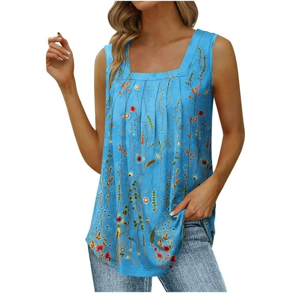 up to 60% off Gifts Usmixi Womens Tank Tops Beach Fashion Loose Fit Pleated Swing Lightweight Tshirts Vest Summer Trendy Plants Print Square Neck Sleeveless Shirts Blouse Blue XXL