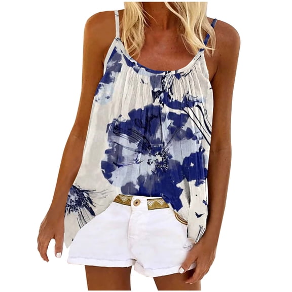 up to 60% off Gifts Usmixi Womens Tank Tops Beach Fashion Loose Flowy Pleated Spaghetti Strap Shirts Summer Trendy Tie-Dye Round Neck Sleeveless Shirts Blouse Blue XL