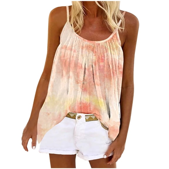 up to 60% off Gifts Usmixi Womens Tank Tops Beach Fashion Loose Flowy Pleated Spaghetti Strap Shirts Summer Trendy Tie-Dye Round Neck Sleeveless Shirts Blouse Orange XXL