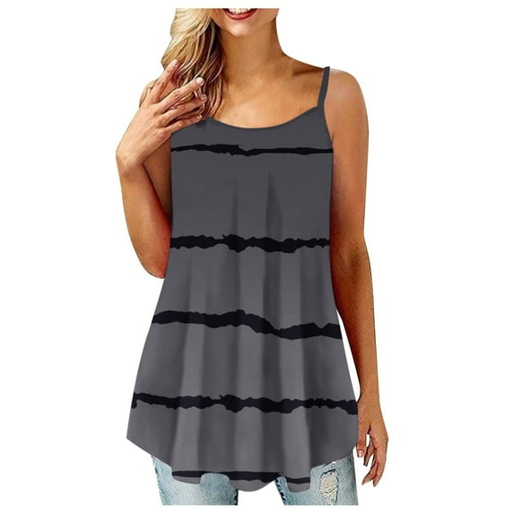 up to 60% off Gifts Usmixi Womens Tank Tops Beach Fashion Plus Size Flowy Pleated Strap Camisole Shirts Summer Trendy Striped Print Crewneck Sleeveless Shirts Blouse Dark Gray m