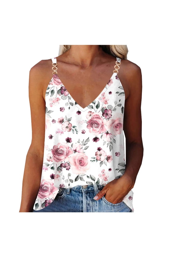 Gifts Usmixi Womens Tank Tops Beach Going out Loose Fit Lightweight Metals Strap Vest Shirts Summer Trendy Floral Print V-Neck Sleeveless Shirts Blouse White s