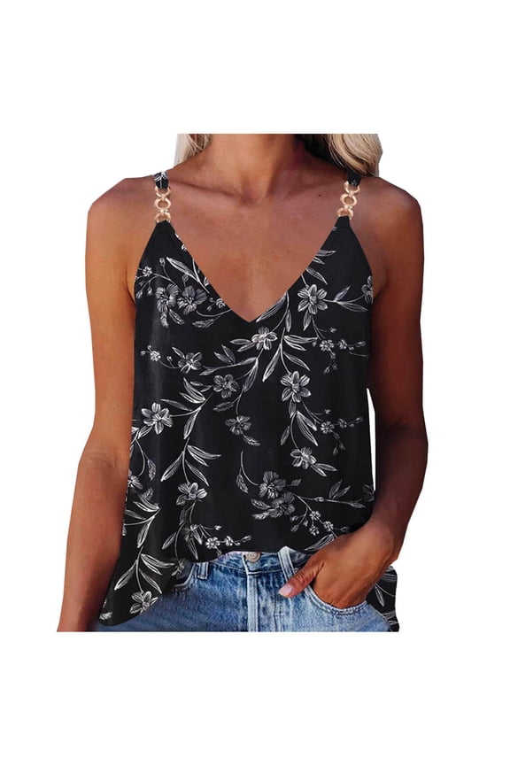 Gifts Usmixi Womens Tank Tops Beach Going out Loose Fit Lightweight Metals Strap Vest Shirts Summer Trendy Floral Print V-Neck Sleeveless Shirts Blouse Black s