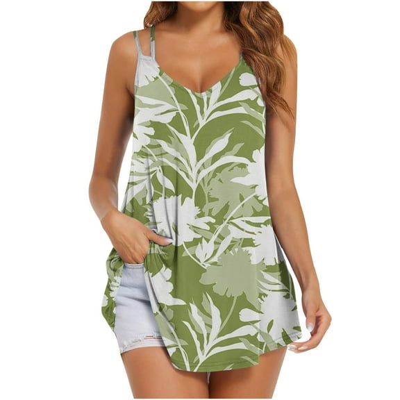 up to 60% off Gifts Usmixi Womens Tank Tops Beach Hawaiian Loose Lightweight Swing Camisole Shirts Strap Vest Summer Trendy Leaves Print V-Neck Sleeveless Shirts Blouse Green m