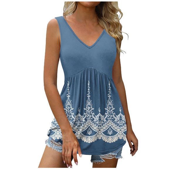 Gifts Usmixi Womens Tank Tops Beach High Waist Pleated Hem Ladies Fashion Tunic Shirts Summer Trendy Floral Print V-Neck Sleeveless Shirts Blouse Navy XXL