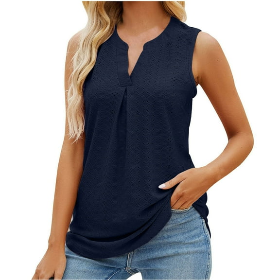up to 60% off Gifts Usmixi Womens Tank Tops Beach Lightweight Casual Hollowed Smocked Tunic Shirts Vest Summer Trendy Solid V-Neck Sleeveless Shirts Blouse Navy l