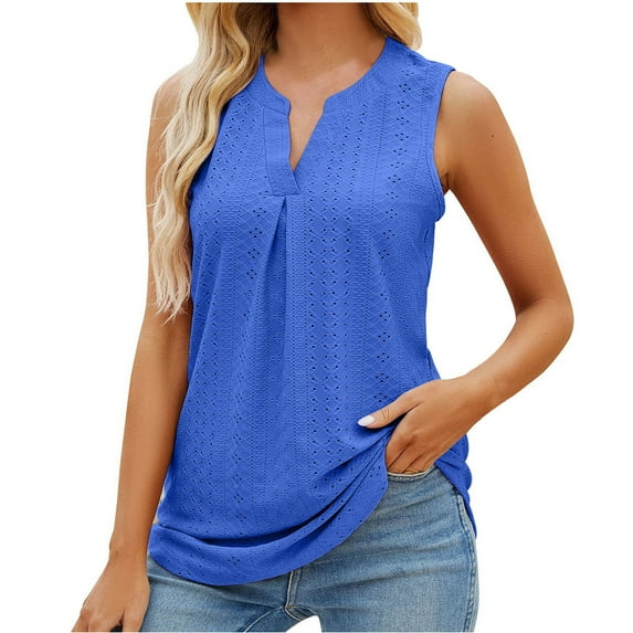 up to 60% off Gifts Usmixi Womens Tank Tops Beach Lightweight Casual Hollowed Smocked Tunic Shirts Vest Summer Trendy Solid V-Neck Sleeveless Shirts Blouse Blue XL
