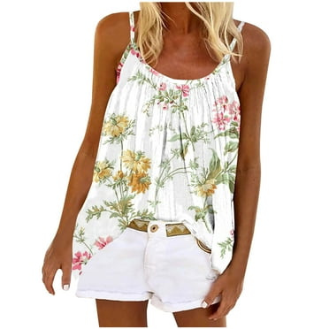 up to 60% off Gifts Usmixi Womens Tank Tops Beach Loose Pleated Swing Strap Vest Ladies Cami Shirts Summer Trendy Floral Print Round Neck Sleeveless Shirts Blouse White XXL