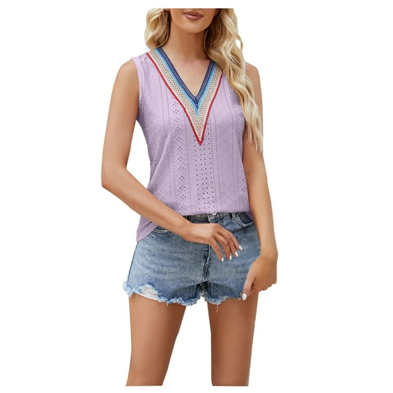up to 60% off Gifts Usmixi Womens Tank Tops Beach Vacation Fashion Lace Trim Hollowed Lightweight Shirts Vest Summer Trendy Striped Print V-Neck Sleeveless Shirts Blouse Purple XL