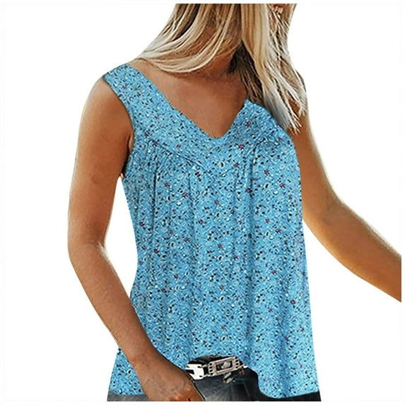up to 60% off Gifts Usmixi Womens Tank Tops Beach Vintage Boho Pleated Hem Plus Size Going out Shirts Vest Summer Trendy Floral Print V-Neck Sleeveless Shirts Blouse Sky Blue XXL
