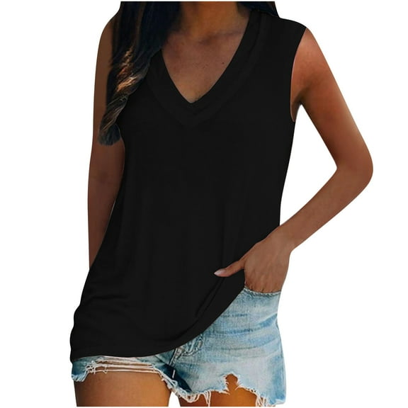 up to 60% off Gifts Usmixi Womens Tank Tops Casual Comfy Breathable Loose Fit Tunic Vest Tees Tops Summer Trendy Solid V-Neck Sleeveless Shirts Blouse Black XL