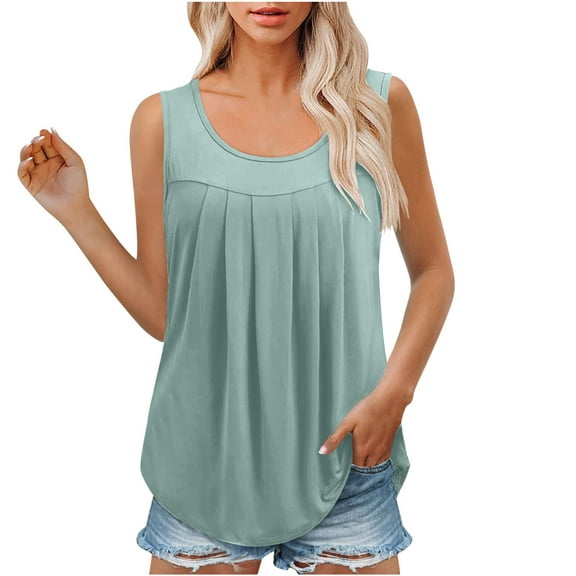 up to 60% off Gifts Usmixi Womens Tank Tops Casual Loose Pleated Swing Lightweight Tunic Shirts Vest Summer Trendy Solid Round Neck Sleeveless Shirts Blouse Green m