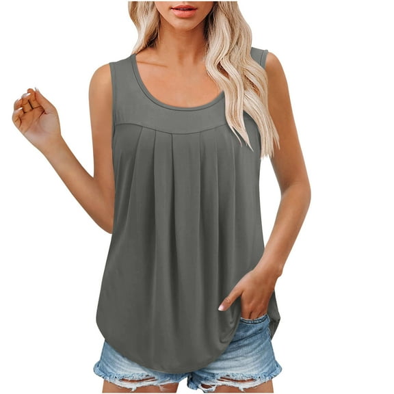 up to 60% off Gifts Usmixi Womens Tank Tops Casual Loose Pleated Swing Lightweight Tunic Shirts Vest Summer Trendy Solid Round Neck Sleeveless Shirts Blouse Gray m