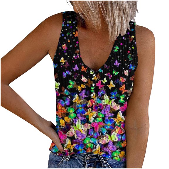 up to 60% off Gifts Usmixi Womens Tank Tops Casual Soft Knitted Ribbed Slim Fit Button up Shirts Vest Summer Trendy Butterfly Print V-Neck Sleeveless Shirts Blouse Multicolor XXL