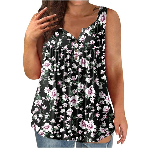 up to 60% off Gifts Usmixi Womens Tank Tops Fashion Button up Pleated Henley Shirts Plus Size Lightweight Belly Tunic Vest Summer Trendy Floral Print V-Neck Sleeveless Shirts Blouse Black XXXXL