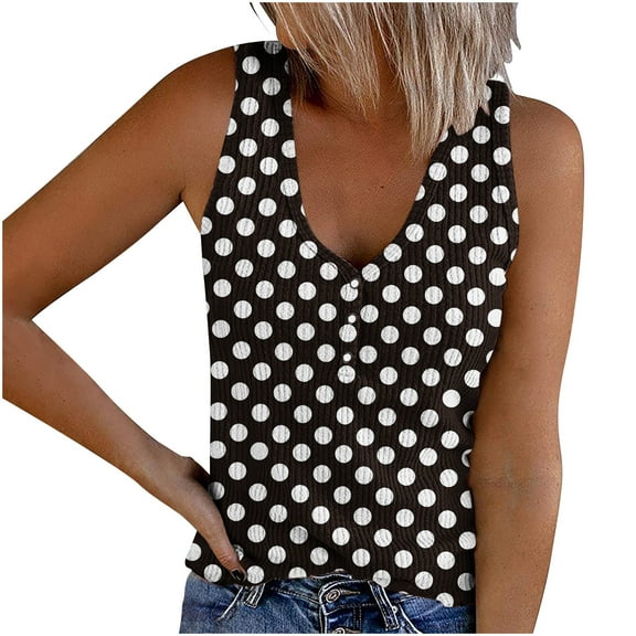 up to 60% off Gifts Usmixi Womens Tank Tops Fashion Button up Soft Knitted Ribbed Slim Fit Vest Shirts Summer Trendy Polka Dot Print V-Neck Sleeveless Shirts Blouse Black s