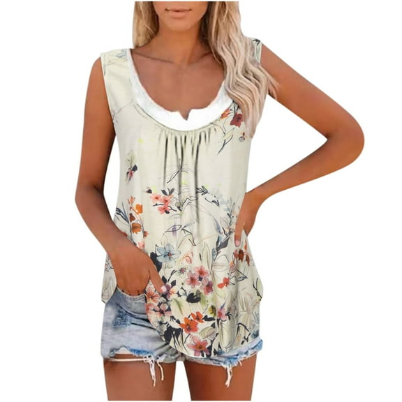 up to 60% off Gifts Usmixi Womens Tank Tops Fashion Fake 2 Pieces Plus Size Pleated Swing Tunic Vest Shirts Summer Trendy Flowers Print Crewneck Sleeveless Shirts Blouse Beige m