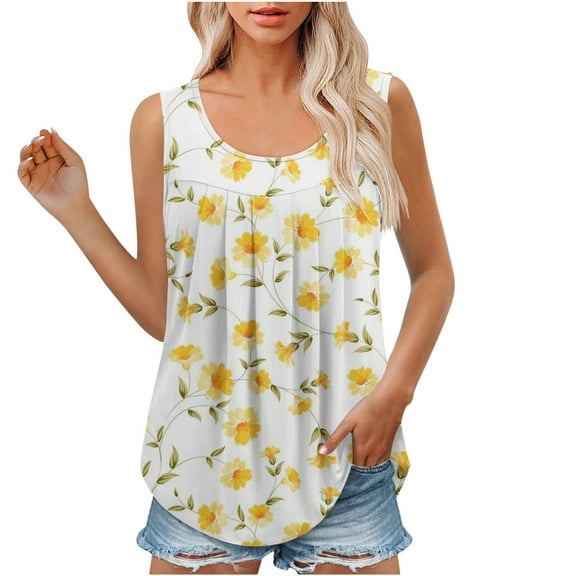 Gifts Usmixi Womens Tank Tops Fashion Loose Fit Irregular Pleated Hem Ladies Tunic Shirts Summer Trendy Gradient Print Crewneck Sleeveless Shirts Blouse Yellow m