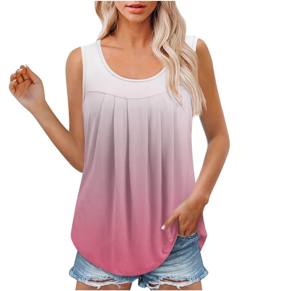 up to 60% off Gifts Usmixi Womens Tank Tops Fashion Loose Fit Irregular Pleated Hem Ladies Tunic Shirts Summer Trendy Gradient Print Crewneck Sleeveless Shirts Blouse Pink l