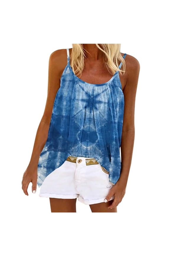 up to 60% off Gifts Usmixi Womens Tank Tops Fashion Loose Pleated Swing Strap Vest Going out Camisole Shirts Summer Trendy Tie-Dye Print Crewneck Sleeveless Shirts Blouse Navy l