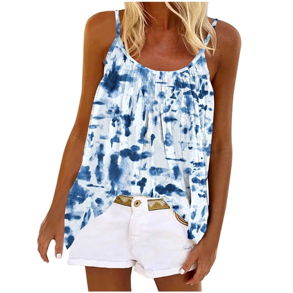 up to 60% off Gifts Usmixi Womens Tank Tops Fashion Loose Pleated Swing Strap Vest Going out Camisole Shirts Summer Trendy Tie-Dye Print Crewneck Sleeveless Shirts Blouse Light Blue XXL