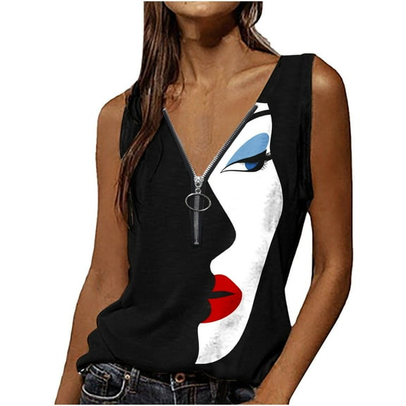 Gifts Usmixi Womens Tank Tops Quarter Zipper Ladies Fashion 3D Print Tshirts Vest Summer Trendy Face Graphics V-Neck Sleeveless Shirts Blouse Black l