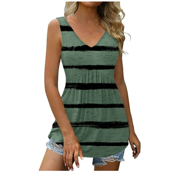 up to 60% off Gifts Usmixi Womens Tank Tops High Waist Pleated Swing Ladies Fashion Tunic Shirts Vest Summer Trendy Striped Print V-Neck Sleeveless Shirts Blouse Army Green s