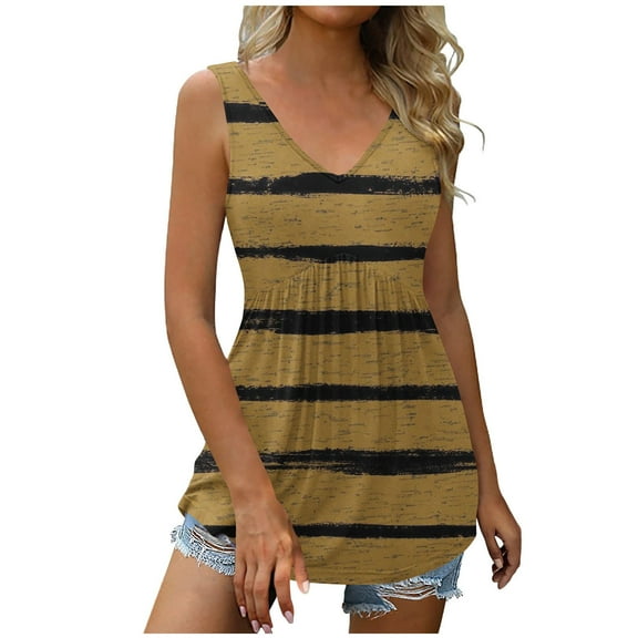up to 60% off Gifts Usmixi Womens Tank Tops High Waist Pleated Swing Ladies Fashion Tunic Shirts Vest Summer Trendy Striped Print V-Neck Sleeveless Shirts Blouse Coffee s