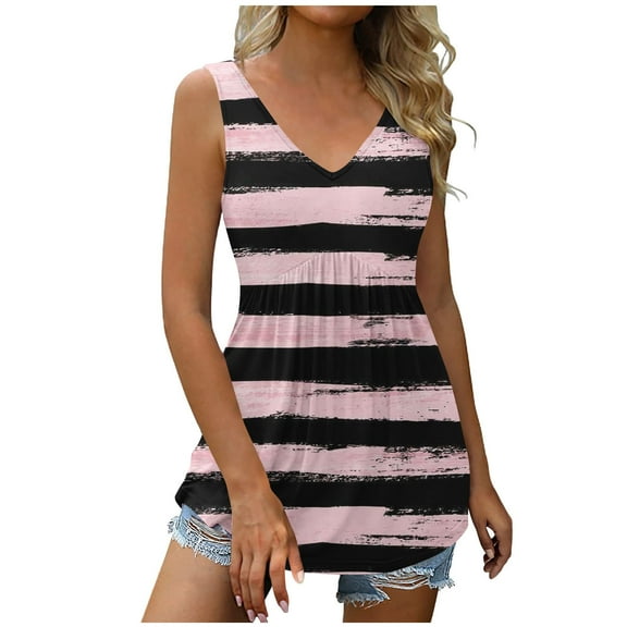 Gifts Usmixi Womens Tank Tops High Waist Pleated Swing Ladies Fashion Tunic Shirts Vest Summer Trendy Striped Print V-Neck Sleeveless Shirts Blouse Pink l