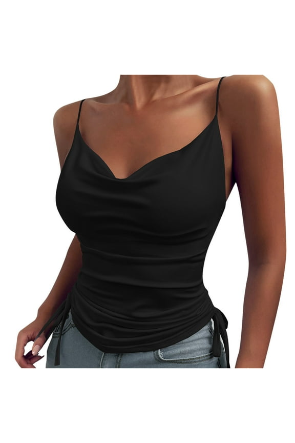 up to 60% off Gifts Usmixi Womens Tank Tops Night Club Going out Sexy Ruched Slim Spaghetti Strap Tops with Drawstring Summer Trendy Solid V-Neck Sleeveless Shirts Blouse Black XXL