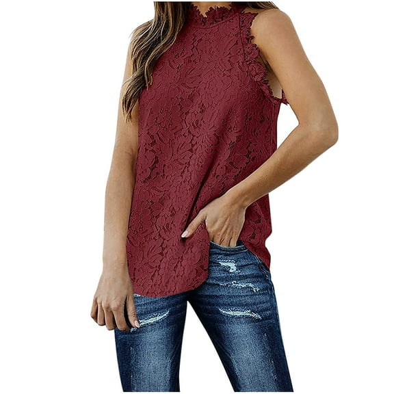 up to 60% off Gifts Usmixi Womens Tank Tops Night Party Going out Elegant Lace Patchwork Loose Fit Shirts Vest Summer Trendy Solid Crewneck Sleeveless Shirts Blouse Red m