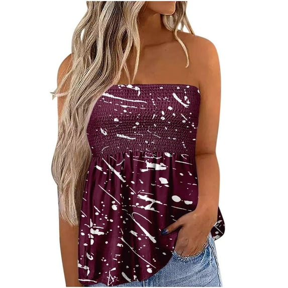 up to 60% off Gifts Usmixi Womens Tank Tops Party Club Sexy Strapless Tube Top Elastic Waist Pleated Hem Vest Shirts Summer Trendy Tie-Dye Print One-line Neck Sleeveless Shirts Blouse Purple l