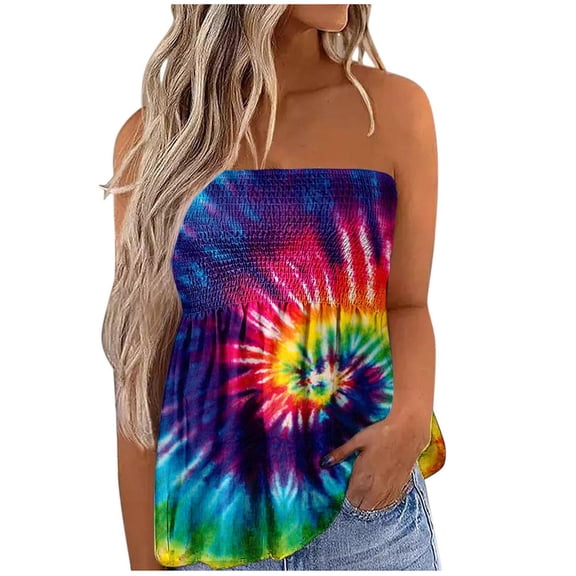 up to 60% off Gifts Usmixi Womens Tank Tops Party Club Sexy Strapless Tube Top Elastic Waist Pleated Hem Vest Shirts Summer Trendy Tie-Dye Print One-line Neck Sleeveless Shirts Blouse Multicolor XXL