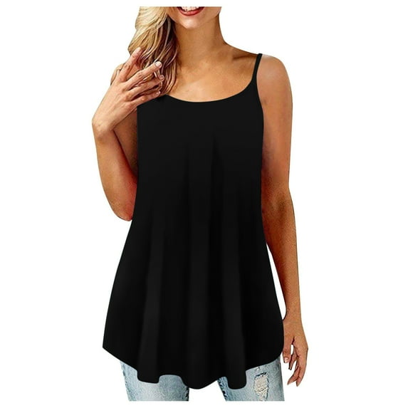 up to 60% off Gifts Usmixi Womens Tank Tops Plus Size Flowy Pleated Swing Spaghetti Strap Tops Cami Tunic Vest Summer Fashion Gradient Round Neck Sleeveless Shirts Blouse Black m