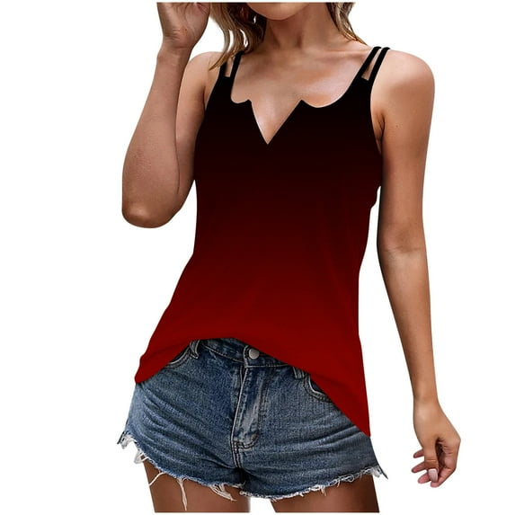 up to 60% off Gifts Usmixi Womens Tank Tops Plus Size Sexy Slim Going out Spaghetti Strap Tops Cami Shirts Summer Trendy Gradient Print U-Neck Sleeveless Shirts Blouse Wine s