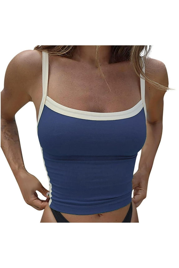 up to 60% off Gifts Usmixi Womens Tank Tops Sexy Slim Fit Spaghetti Strap Shirts Going out Cropped Camisole Tops Summer Trendy Color Patchwork Square Neck Sleeveless Shirts Blouse Blue l