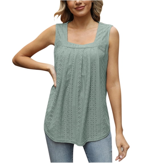 up to 60% off Gifts Usmixi Womens Tank Tops Solid Square Neck Sleeveless Shirts Loose Lightweight Hollowed Summer Casual Vest Blouse Green XXL Up to 65% off