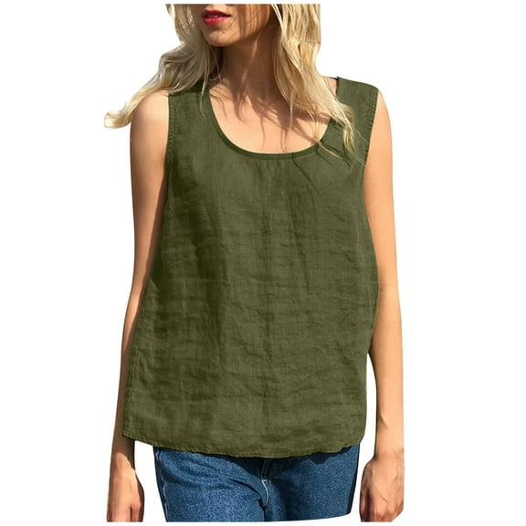 up to 60% off Gifts Usmixi Womens Tank Tops Vintage Cotton Linen Plus Size Loose Going out Shirts Vest Summer Trendy Solid Round Neck Sleeveless Shirts Blouse Army Green XXXL