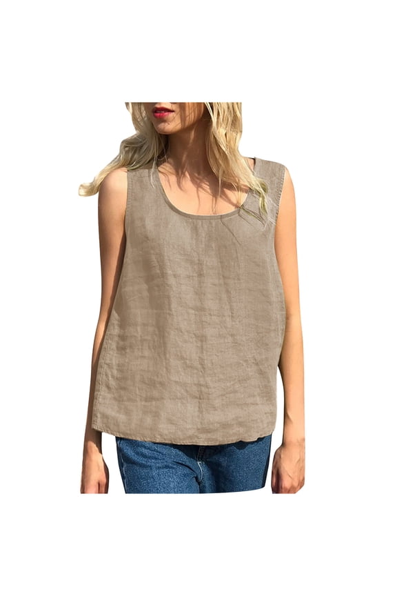 up to 60% off Gifts Usmixi Womens Tank Tops Vintage Cotton Linen Plus Size Loose Going out Shirts Vest Summer Trendy Solid Round Neck Sleeveless Shirts Blouse Khaki XXXL
