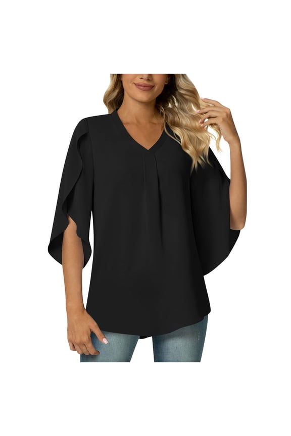 up to 60% off Gifts Usmixi Womens Tops Dressy Casual Elbow-Length V-Neck Solid Summer Shirts Casual Lightweight Loose Fit Comfy Chiffon Blouse Black M Clothes