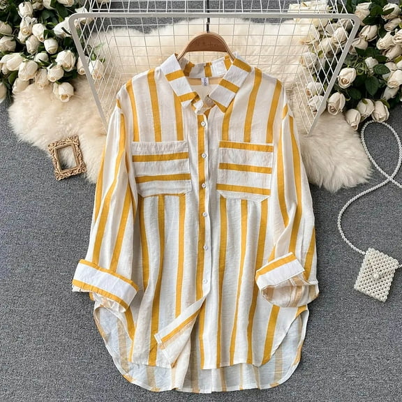 up to 60% off Gifts Usmixi Womens Tops Lightweight Comfy Fashion Button Down Plus Size Cardigan Tops with Pocket Fall Casual Striped Print Lapel Long Sleeve Blouses Shirts Yellow l
