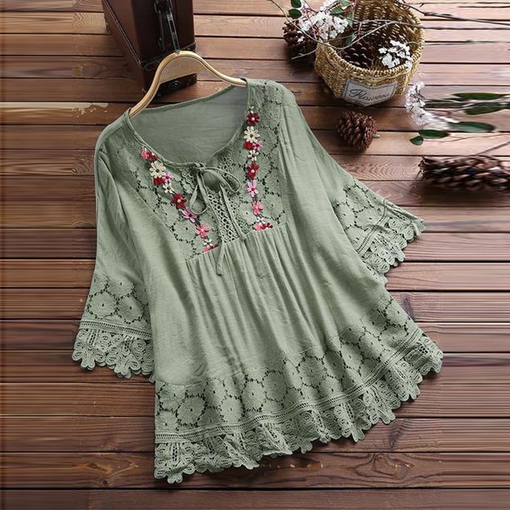 up to 60% off Gifts Usmixi Womens Tops Sexy Lace Hollowed Retro Embroidery  Plus Size Strappy Flowy Swing Tunic Shirts Summer Cute Solid V-Neck 3/4