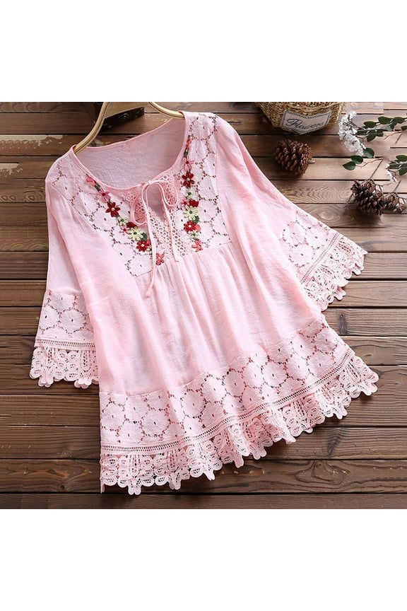 up to 60% off Gifts Usmixi Womens Tops Vintage Embroidery Style Lace Hollowed Plus Size Swing Tunic Shirts Summer Cute Solid V-Neck 3/4 Sleeve Blouses Pink m