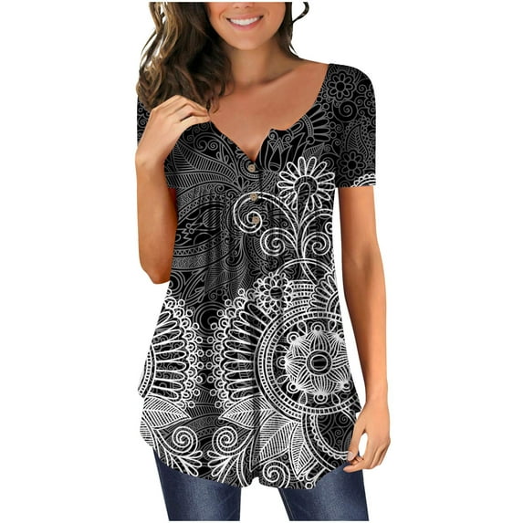 up to 60% off Gifts Usmixi Womens Tops Vintage Floral Button Henley Shirts Lightweight Flowy Pleated Hem Tunic Summer Cute Ethnic Style Print V-Neck Short Sleeve Blouses Black XL